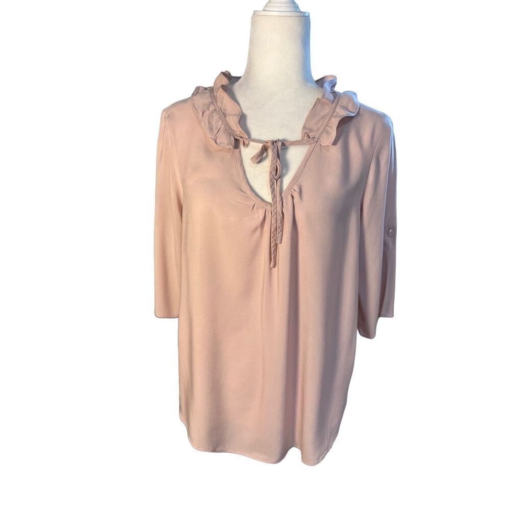 ELLE soft mauve blouse with ruffled bow tie collar and adjustable 1/2 sleeves -